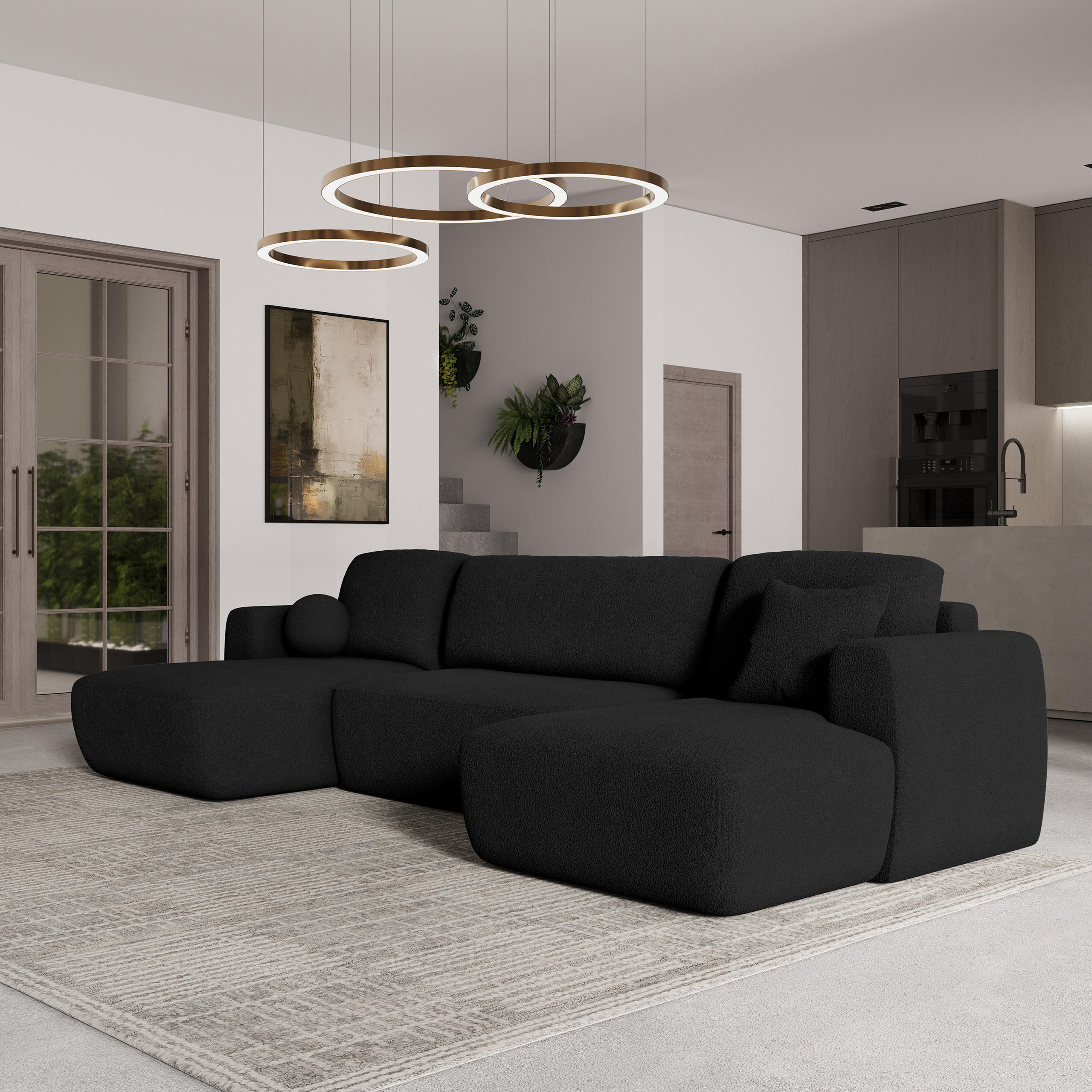 WOHNLANDSCHAFT SENTUM N Schwarz Boucle-Stoff mit Schlaffunktion - Schwarz, Holz (330/90/148cm) - MASSENO