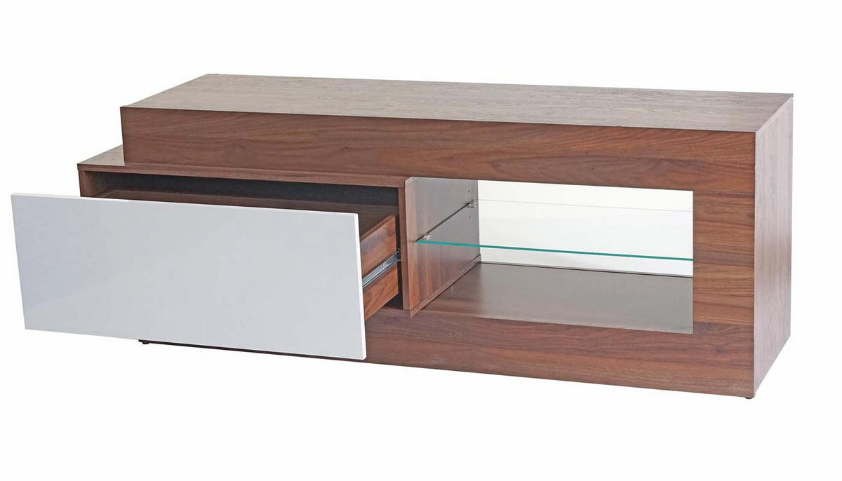 TV-RACK Walnuss Dekor, Hochglanz Reinweiß - Weiß Hochglanz/Walnussfarben, Holzwerkstoff (150/55/47cm) - MCW