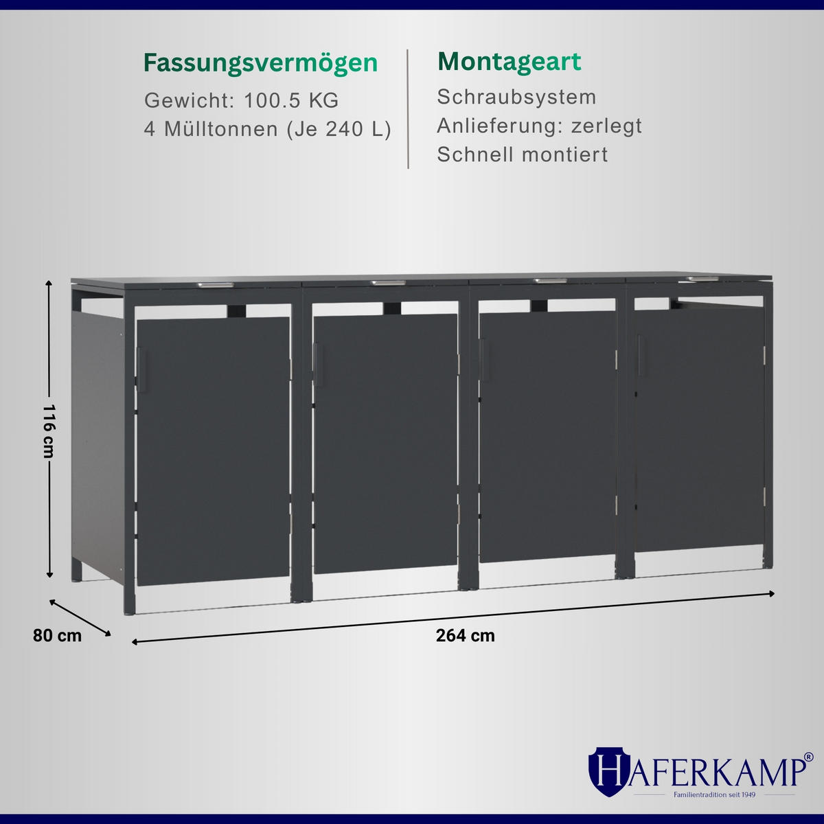 MÜLLTONNENBOX MODUS 4er HxBxT 118,5x272x80cm für 4 x 240 Liter Mülltonnen Verzinkter Stahl - Grau, Metall (272/118.5/80cm)