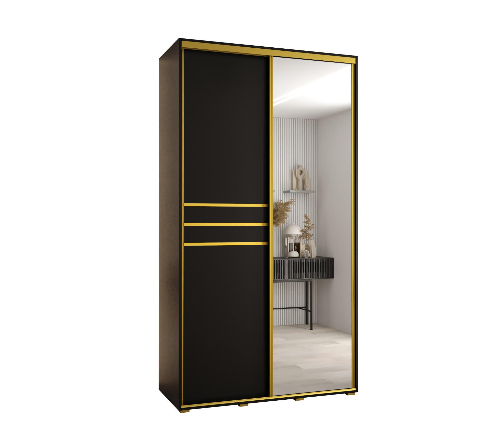 Abiks Möbel Schwebetürenschrank Schwarz, Schwarz, Gold 140x235x60 cm