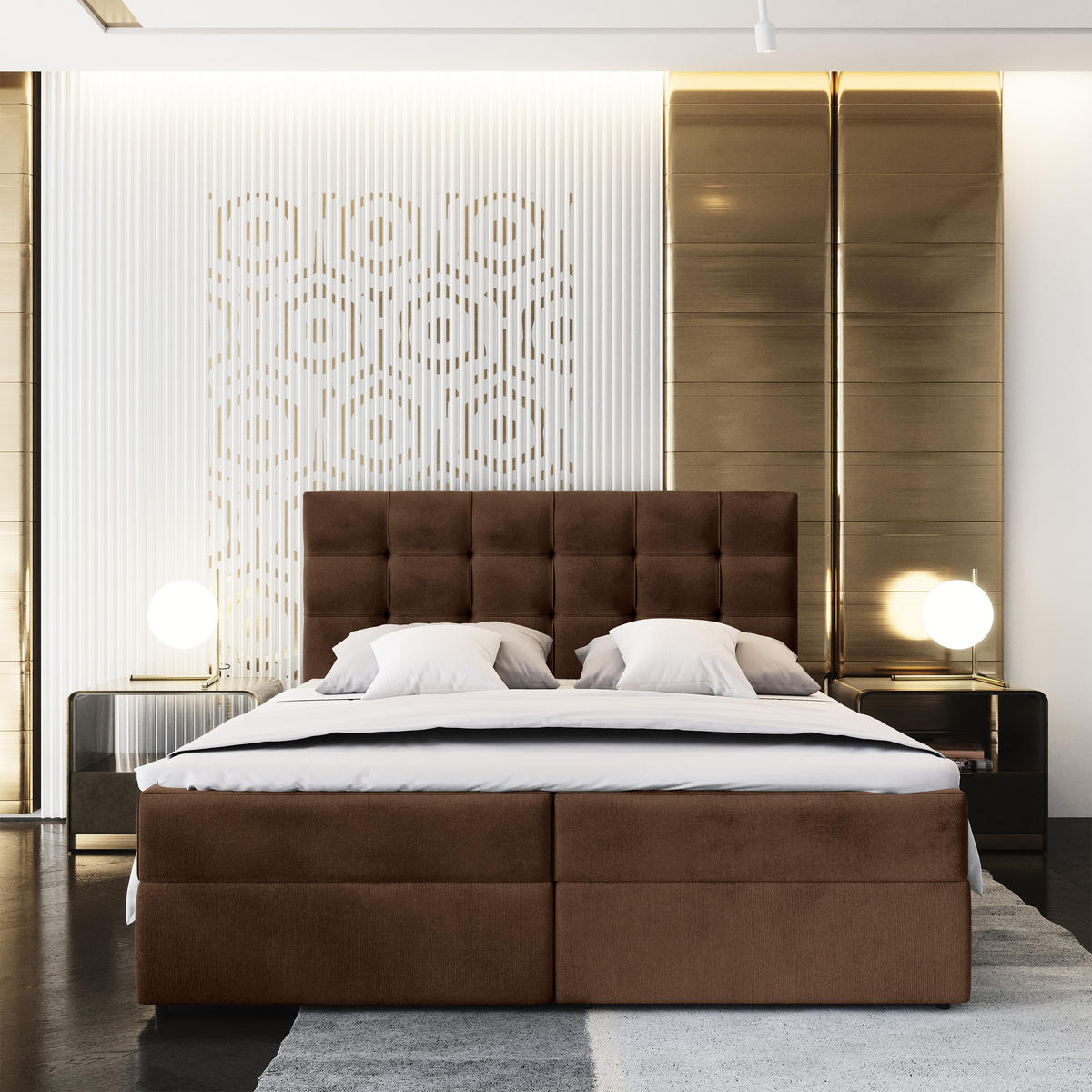 BOXBETT GLOS K 140x200 cm mit Matratze und Topper, H2+H3 - Braun - Braun, Holz (140/200cm) - MASSENO