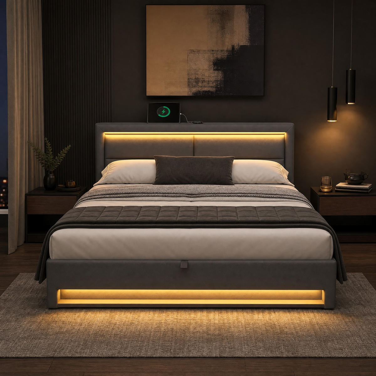POLSTERBETT 160/200 mit Stauraum, LED und USB für kabelloses und kabelgebundenes Laden in Grau - Grau, Holzwerkstoff/Textil (160/200cm) - EVRYAE
