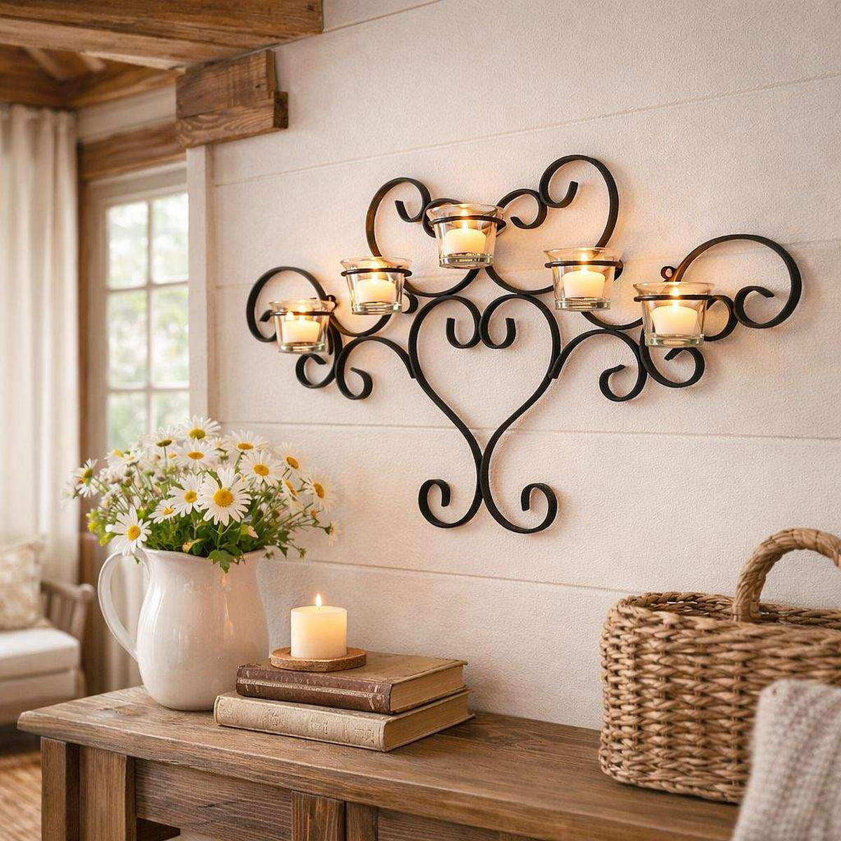 WANDTEELICHHALTER Metall Schwarz Wandkerzenhalter Teelichthalter 63cm - Schwarz, Metall (32cm) - DanDiBo