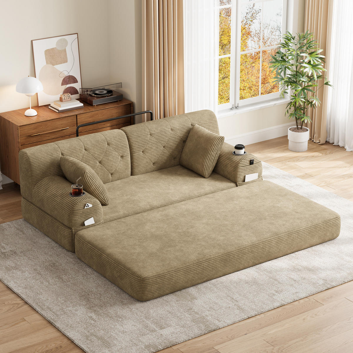 SCHLAFSOFA mit hoher Rückenlehne 168 x 80 x 81 cm Cord Khaki - Braun, Kunststoff (80/81/168cm) - Meubliv