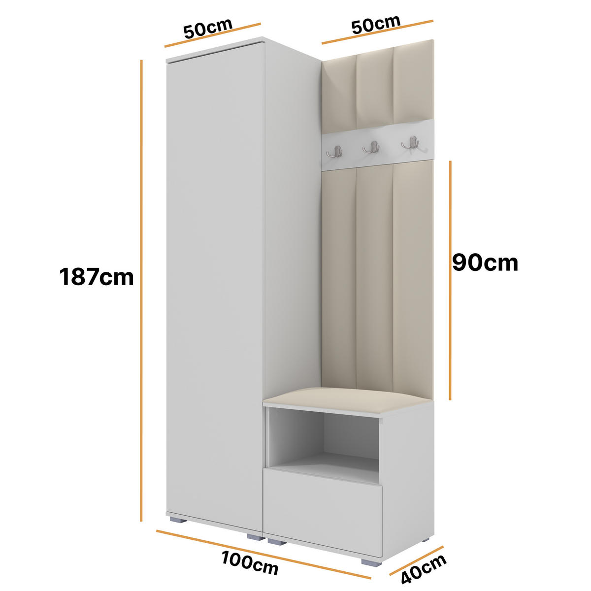 GEPOLSTERT Garderoben-Set Nela I LUX (Weiß + Stoff Trinity 01) - Silberfarben/Creme, Holz/Holzwerkstoff (100/187/40cm) - Ravio