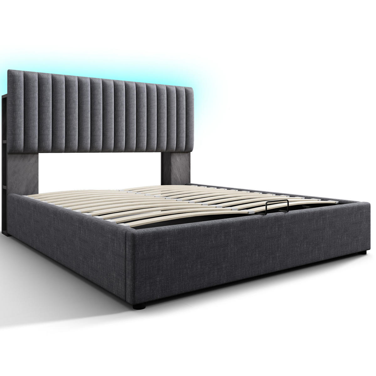 POLSTERBETT 140/200 cm mit LED, USB-Type-C, Stauraum, verstellbarem Kopfteil und Matratze, Grau - Grau, Textil (140/200cm) - Redom