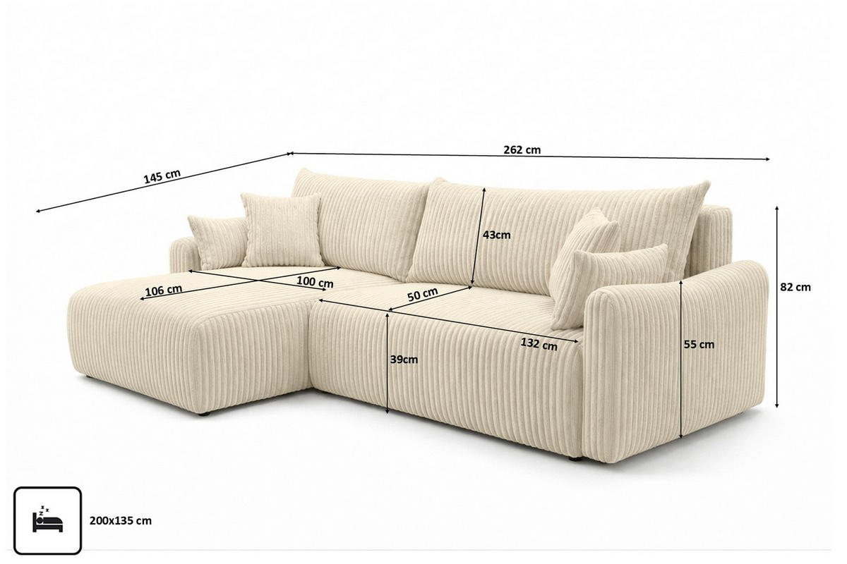 ECKSOFA Mit Schlaffunktion, Cordstoff Tilia, Ecru, Links, JAPANDI - Ecru, Holz (262/145cm) - Kaiser Möbel