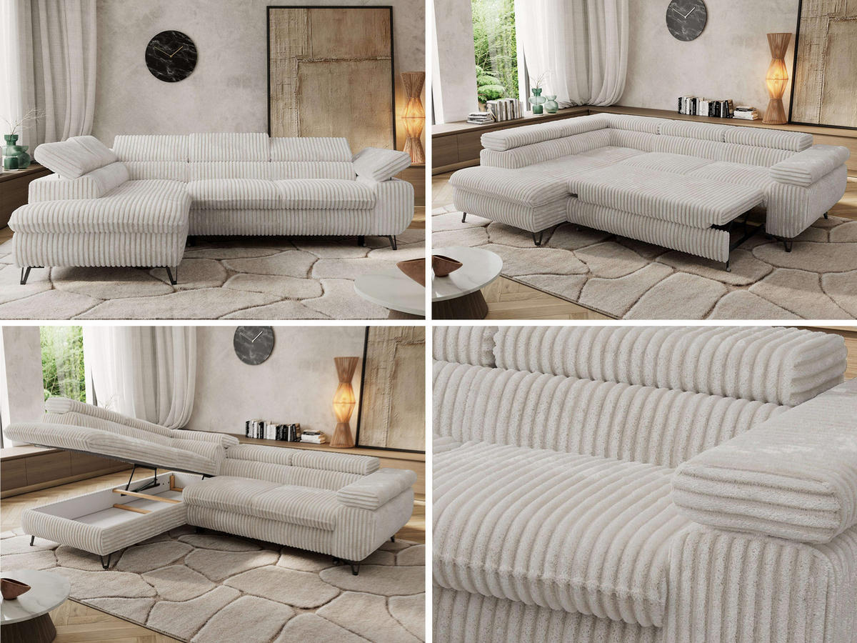 ECKSOFA PABLO L Beige Cord - Links Seite mit Visco Topper - Beige/Schwarz, Textil/Metall (208/273cm) - MKS