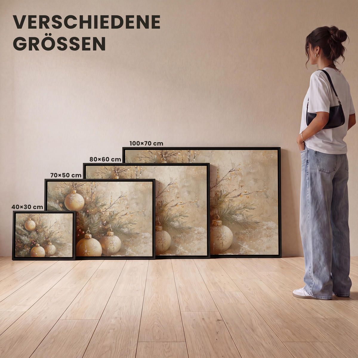 LEINWAND Bilder mit Rahmen - Weihnachten - Kugeln - Beige - Gold - 80x60 - Goldfarben, Textil (80/60cm) - MuchoWow