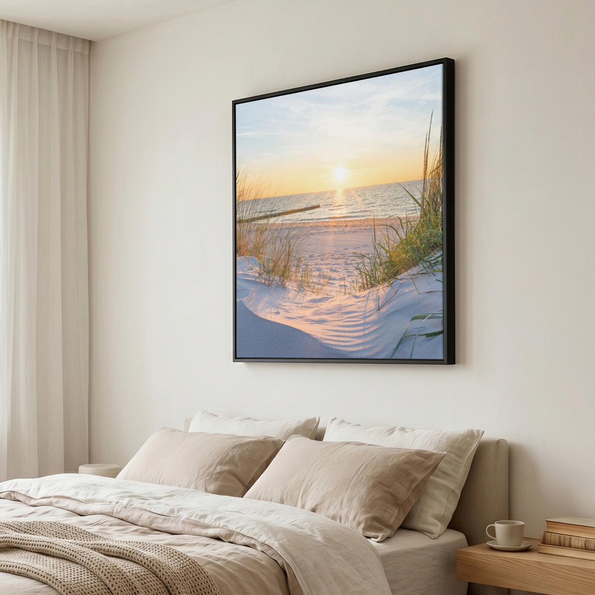 LEINWAND Bilder mit Rahmen - Strand - Sonne - Düne - Gras - Sand - Horizont - 90x90 - Hellblau, Textil (90/90cm) - MuchoWow