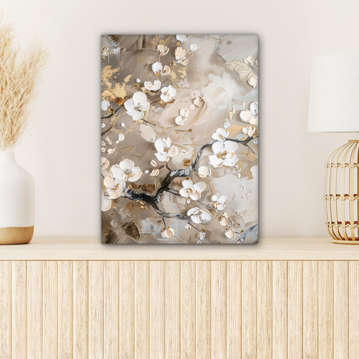 LEINWANDBILD Blumen - Weiß - Gold - Beige - Luxus Room Decor 30x40 cm - Greige, Textil (30/40cm) - MuchoWow