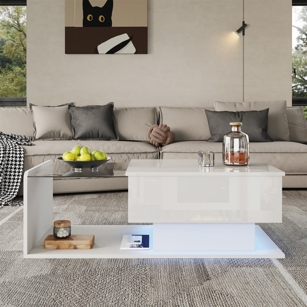 COUCHTISCH in Weiß mit LED-Effekt und Glasplatte für Wohnzimmer, B100/T50/H33/47,5 cm - Weiß, Holzwerkstoff (50/100/47.5cm) - STILVORA