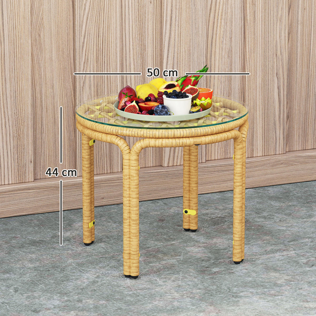 BEISTELLTISCH DE-06648 rund, Glasplatte, PE-Rattan Gelb - Gelb, Kunststoff/Metall (50/50/44cm) - ComfortXL