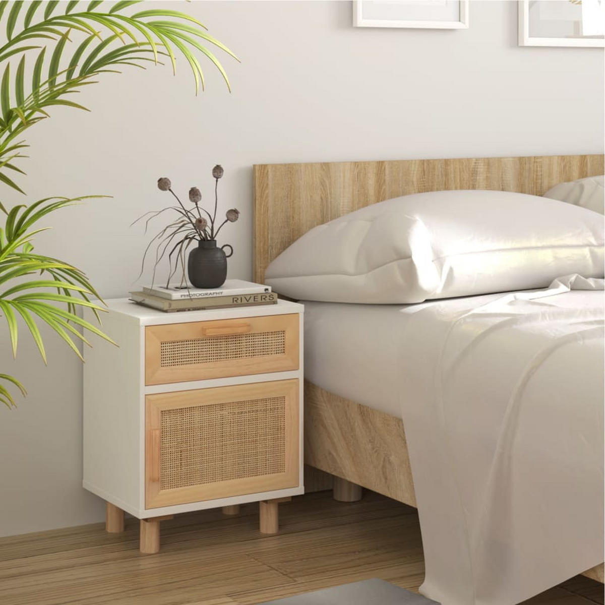 NACHTTISCHE 2 Stk. Weiß Massivholz Kiefer und Natur-Rattan - Weiß, Holz (30/50/40cm) - furnicato