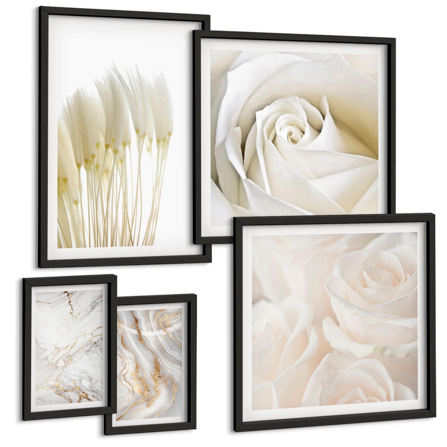 BILDER SET 5er Set - 50x50 cm & 20x30 cm & 40x60 cm Schwarzer Rahmen - Elegante Marmormuster - Schwarz, Kunststoff (40/60cm) - TULUP