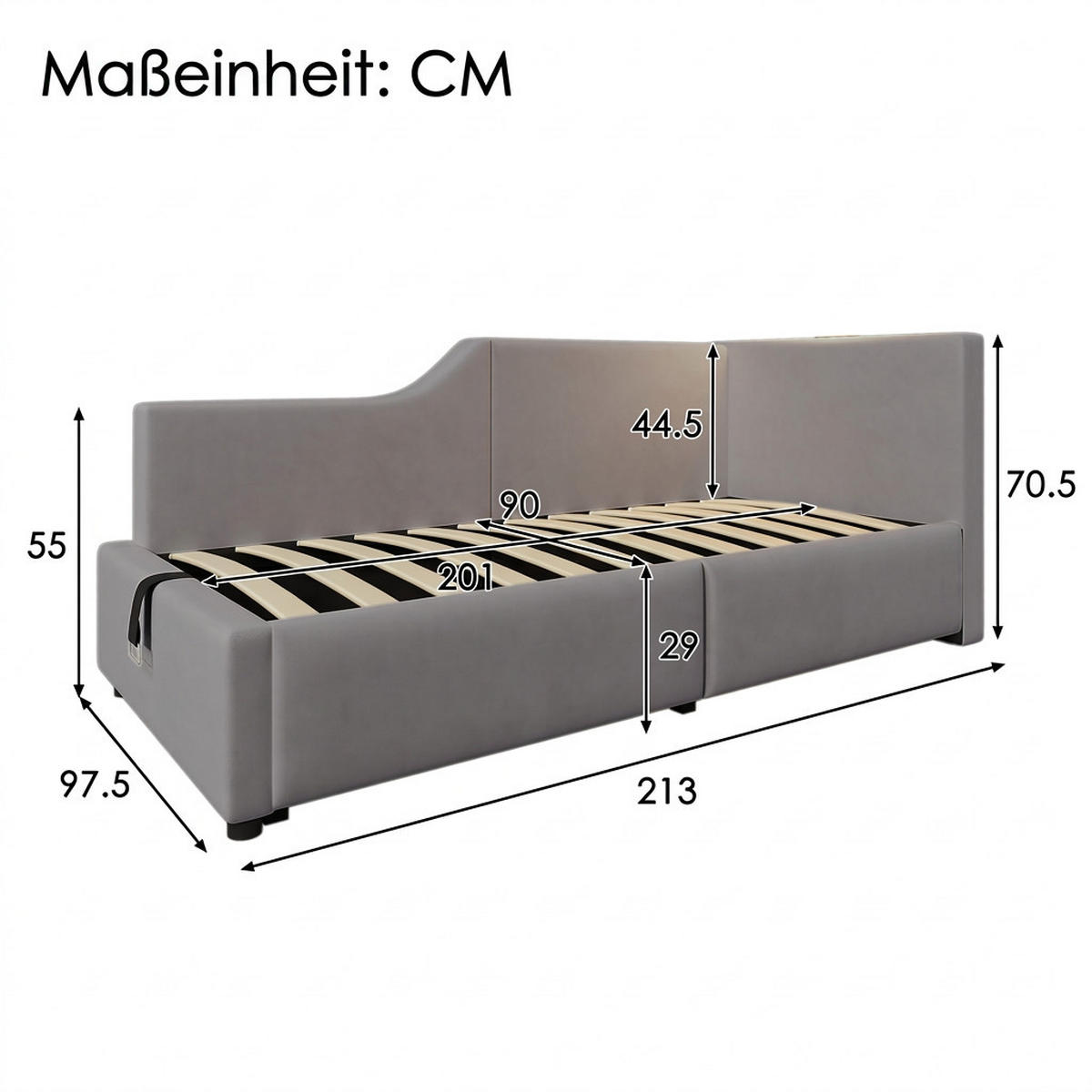 POLSTERBETT 90/200 cm Grau mit Leselichtfunktion und USB-C-Ladefunktion - Grau, Holz/Textil (90/200cm) - Oxeza