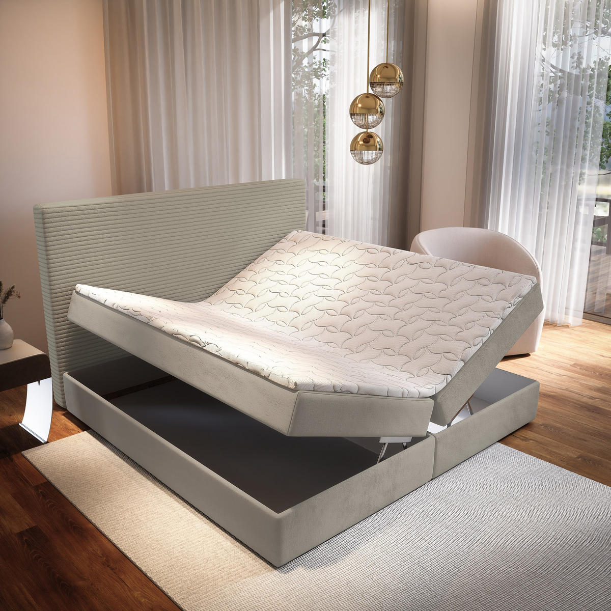 BOXBETT GIARRO 180x200 cm mit Matratze und Topper - Hellgrau - Hellgrau, Holz (180/200cm) - MASSENO
