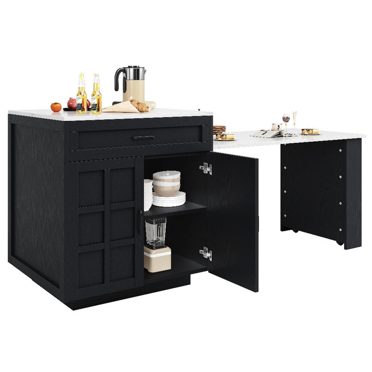 KÜCHENINSEL AUSZIEHBARER BARTISCH mit Stauraum, MDF Schwarz, für 2-6 Personen, 133-202/70/93,5 cm - Schwarz, Kunststoff (70/93.5/202cm) - Rolipo