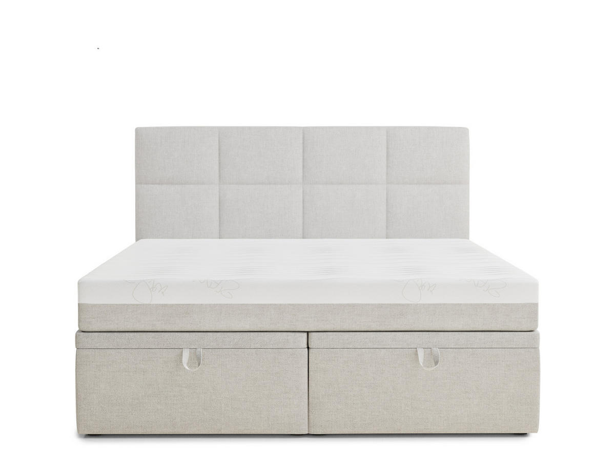 BOXBETT 180/200 cm Umage, in Hellbeige, Matratze, gepolstertes Kopfteil, Bettkasten, H3 = fest - Beige/Schwarz, Holz/Holzwerkstoff (180/200cm) - Maison de Reve