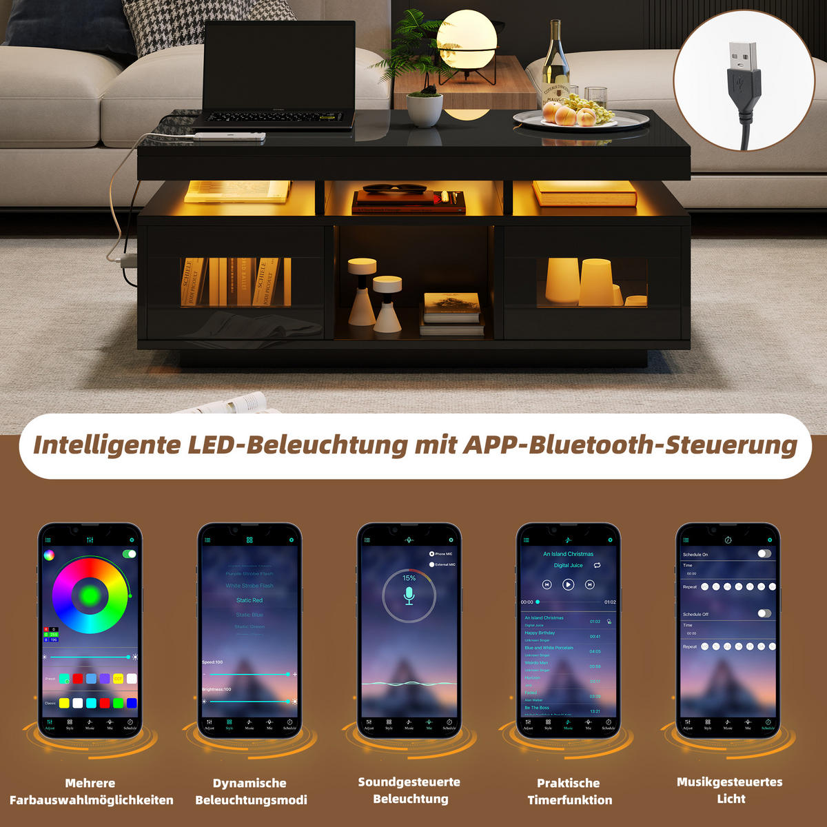 COUCHTISCH DE-055 App-gesteuert Schwarz - Schwarz, Holzwerkstoff (50/100/43cm) - ComfortXL