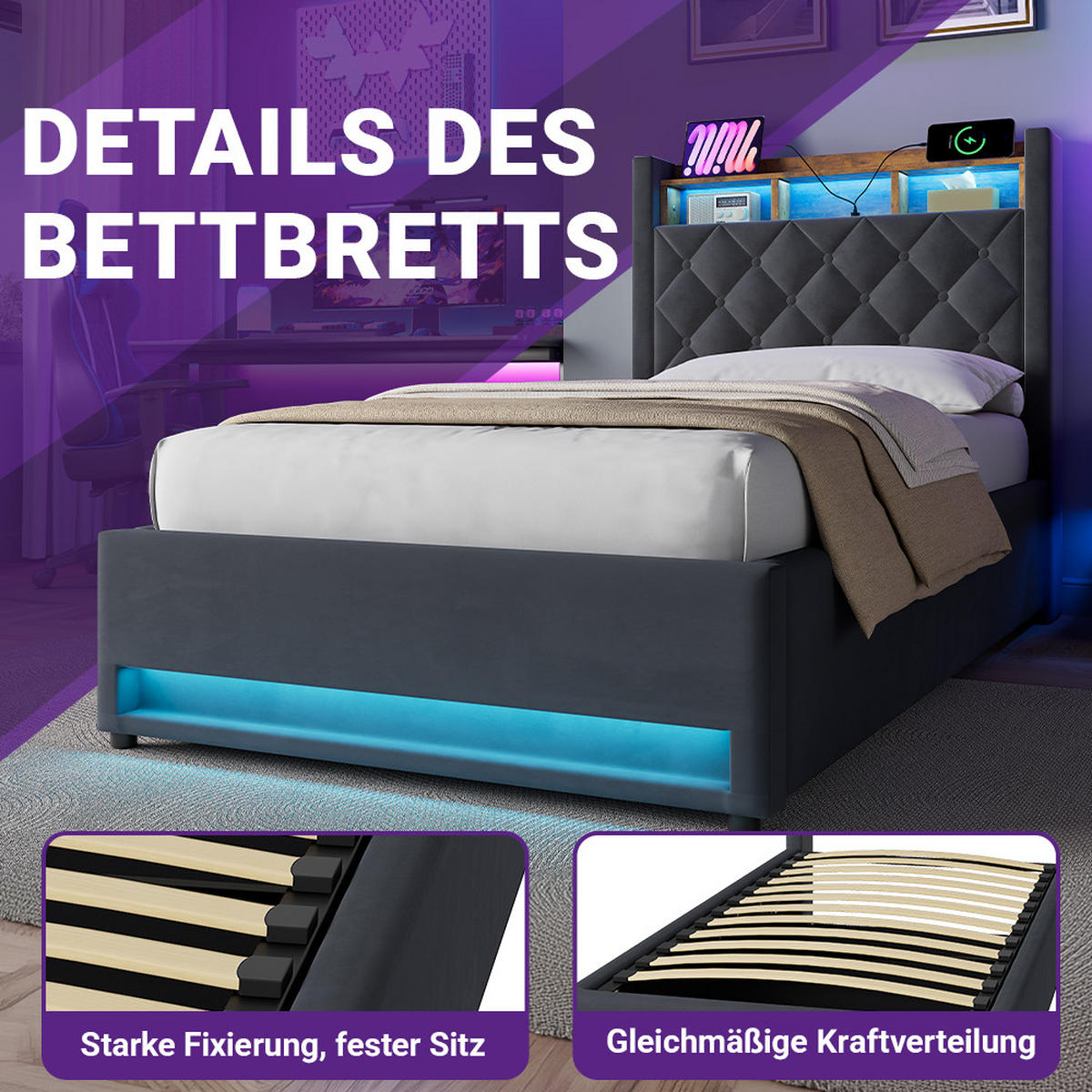POLSTERBETT 90/200 cm mit Matratze und Bettkasten Boxspringbett mit Steckdose und LED-Licht, in Grau - Grau, Holzwerkstoff/Textil (90/200cm) - STILVORA