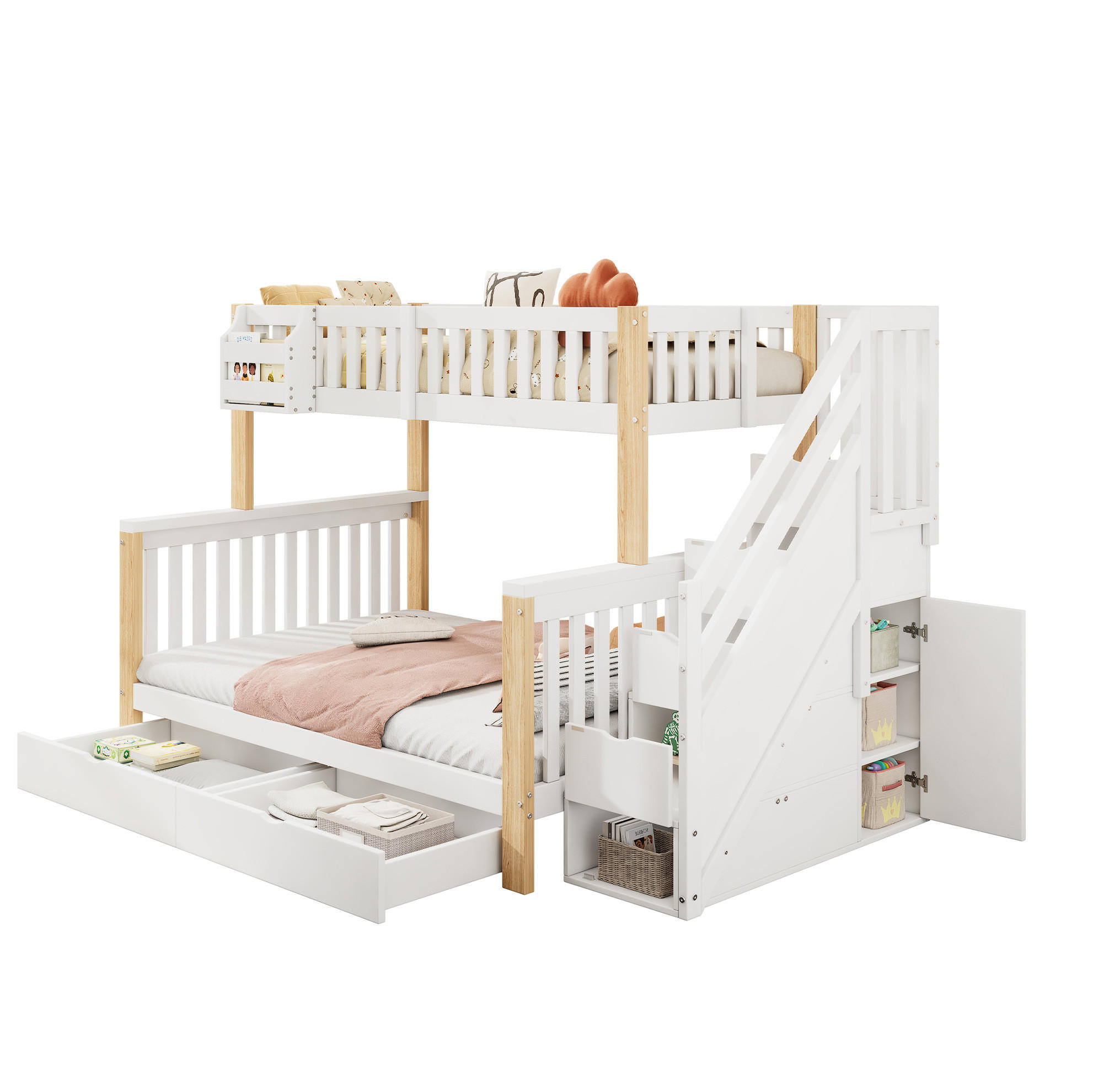 ETAGENBETT 90/200 cm aus Massivholz mit Treppenschrank, Schublade und Ablagekörben, Weiß/Natur - Weiß, Holzwerkstoff (90/200cm) - Redom