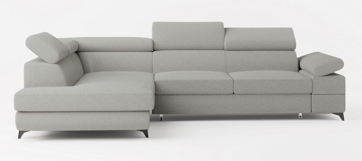 ECKSOFA FAVIEN L-S Hellgrau Boucle-Stoff mit Schlaffunktion - Hellgrau, Holz (257/190cm) - MASSENO