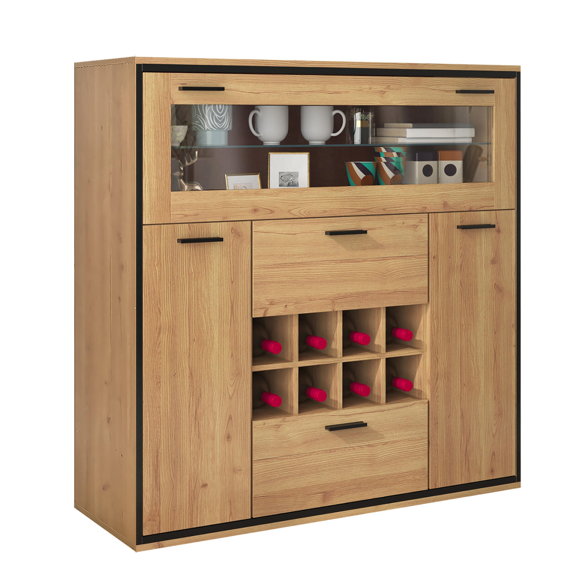 SIDEBOARD Eiche-Optik, mit 2 Türen, 2 Schubladen, Klappfach und Flaschenfächern, 110/38/111 cm - Eichefarben/Schwarz, Glas/Holzwerkstoff (110/111/38cm) - WISHDOR