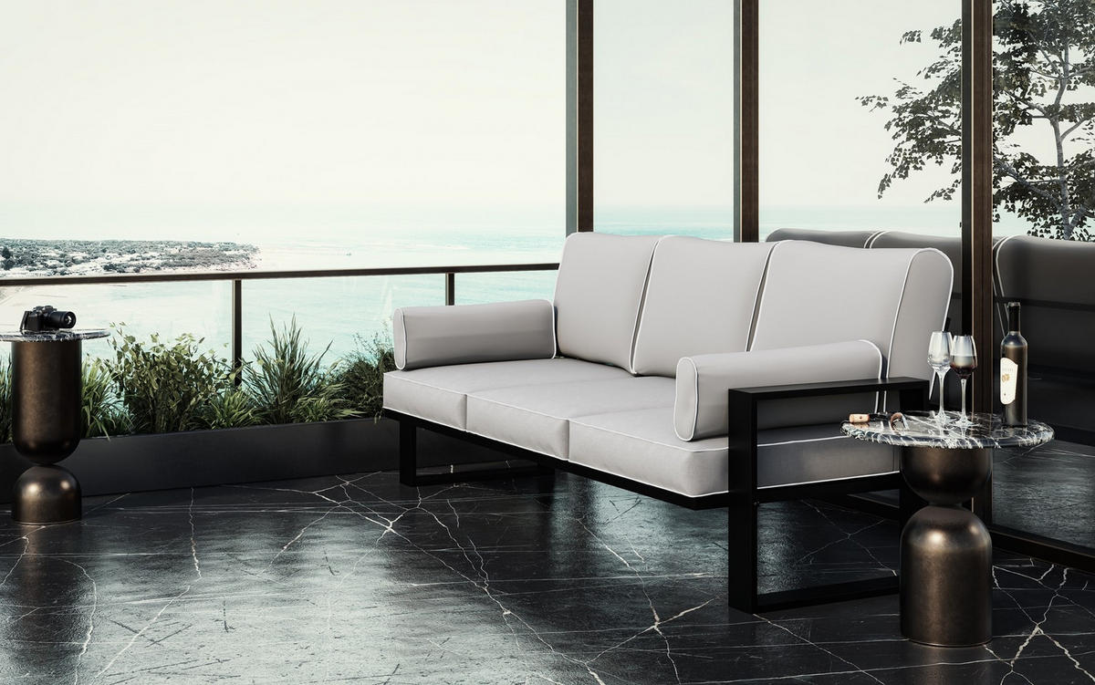 GARTENSOFA Hellgrau, Schwarze Metallbeine, 3-Sitzer - Grau, Holzwerkstoff/Metall (215/90/87cm) - Bettso
