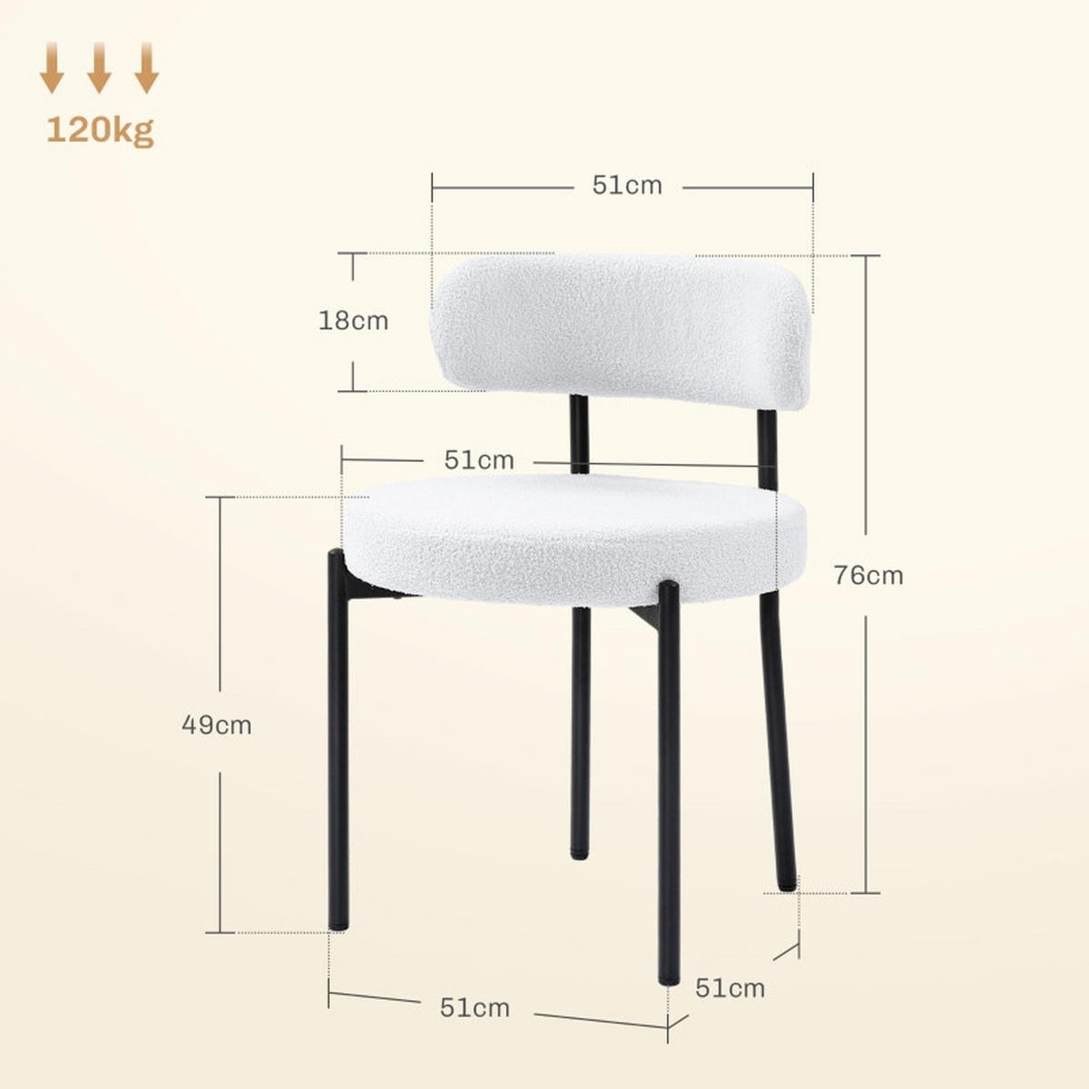 STUHL-SET DE-36033 2 Stück mit Metallbeinen Cremeweiß - Creme, Metall (51/76/51cm) - ComfortXL