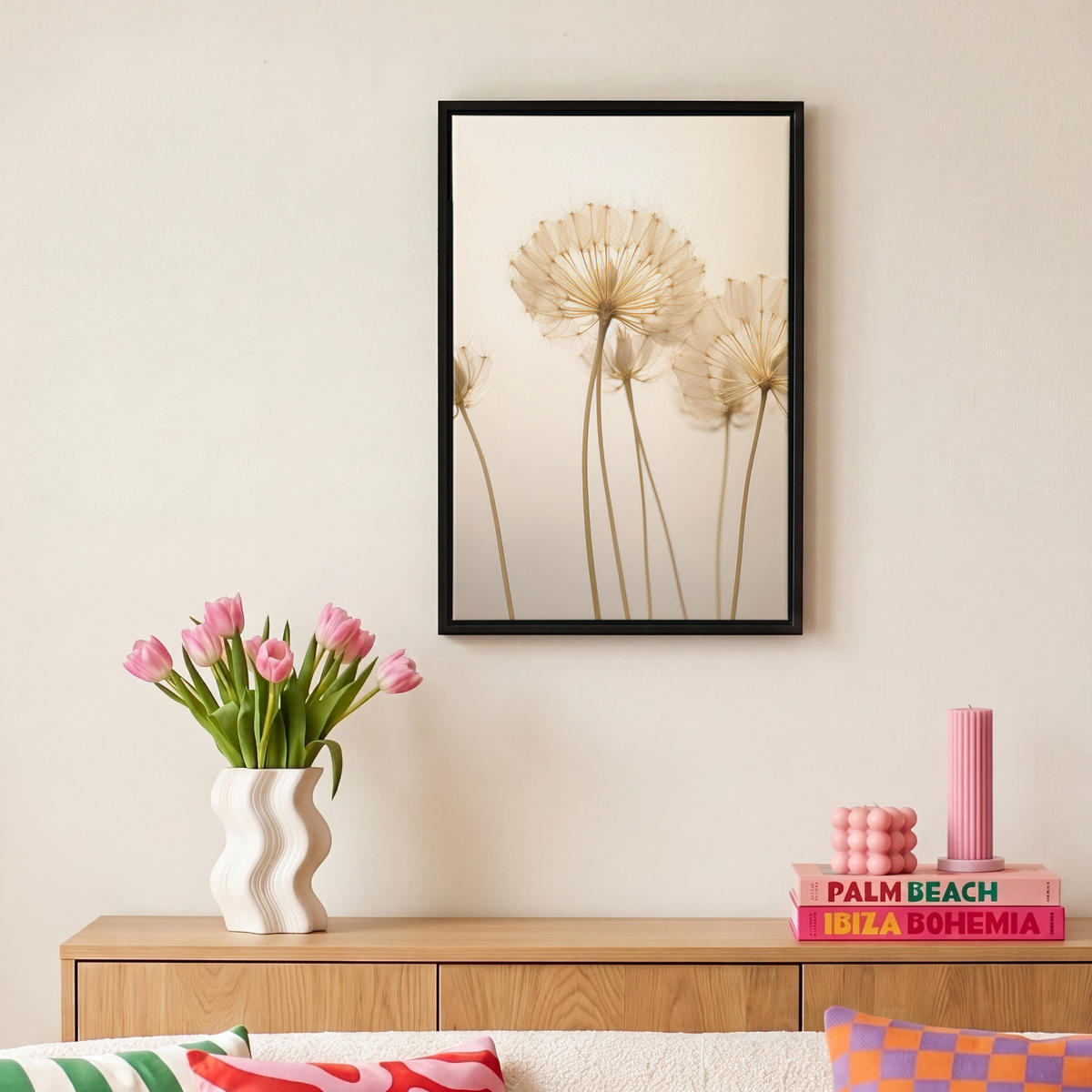 LEINWAND Bilder mit Rahmen - Sonnenlicht - Löwenzahn - Botanisch - Blumen - 20x30 - Creme, Textil (20/30cm) - MuchoWow