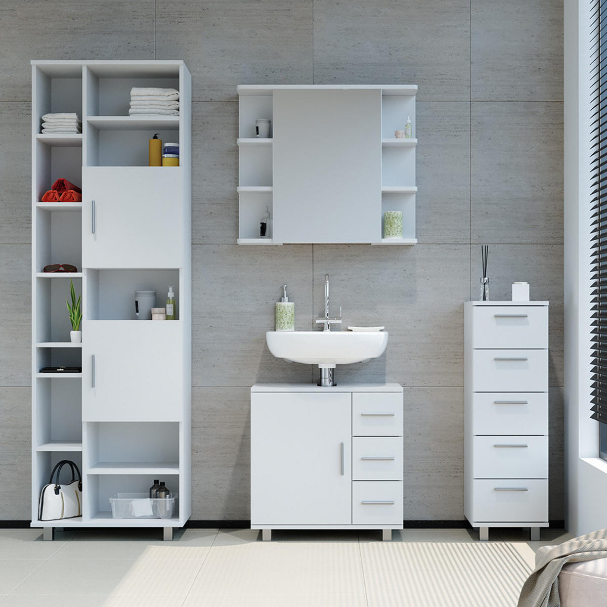BADSCHRANK Ilias Weiß 30 x 95 cm - Weiß, Holzwerkstoff (30/95/30cm) - Vicco