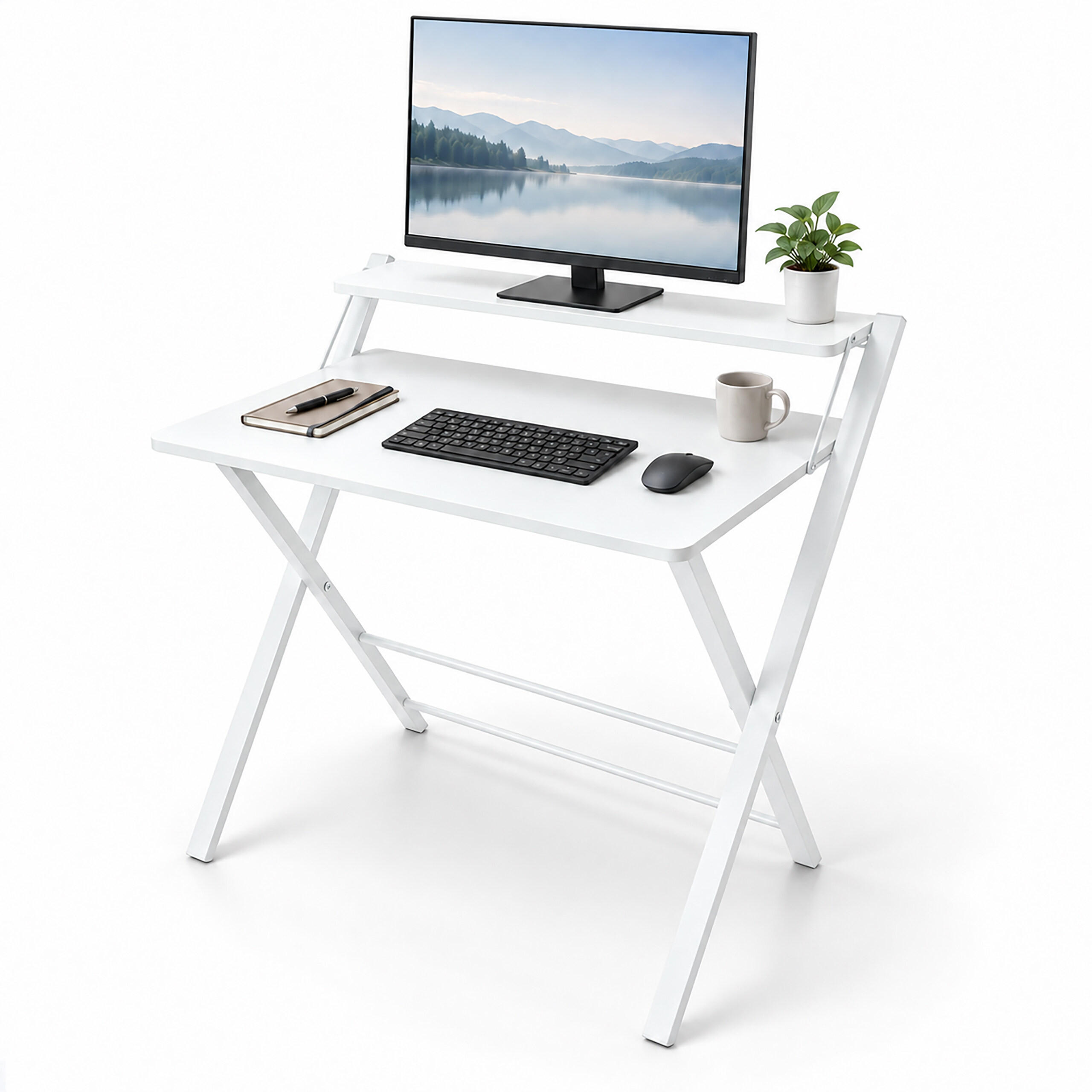 SCHREIBTISCH Weiß klappbar mit Monitoraufsatz 70x56 cm - Weiß, Holzwerkstoff/Metall (56/70/82cm) - Relaxdays