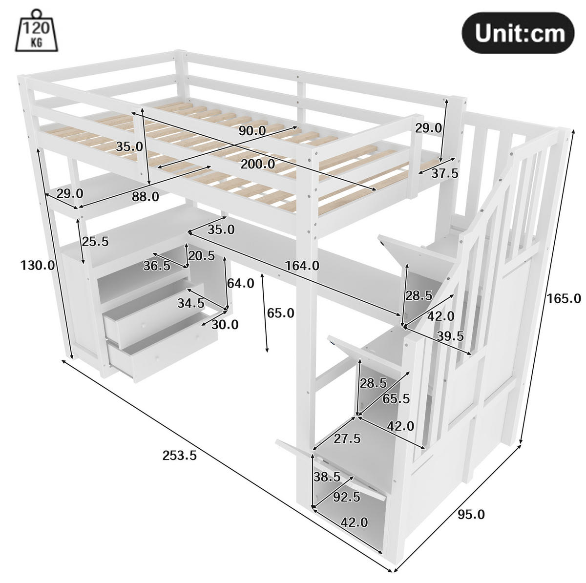 HOCHBETT aus Kiefer und MDF 90x200 cm Weiß mit Schreibtisch, Stauraumleiter, 2 Schubladen und Regalfächern - Weiß, Holzwerkstoff (90/200cm) - Modfu