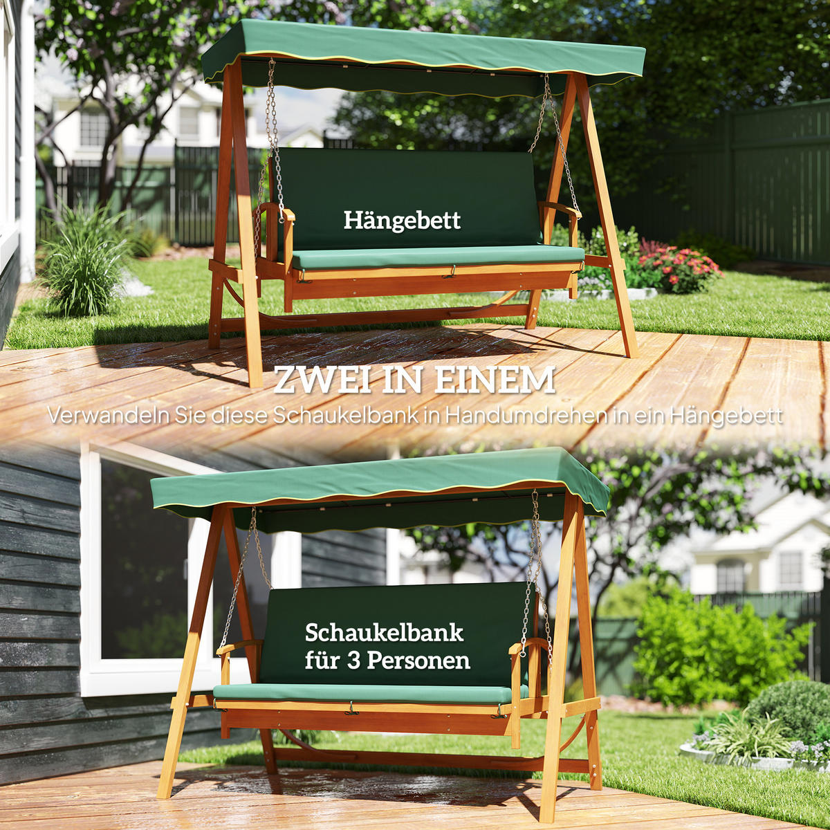 HOLLYWOODSCHAUKEL DE-07044 3-Sitzer Echtholz mit Liegefunktion Dunkelgrün - Dunkelgrün, Holz (236/181/130cm) - ComfortXL
