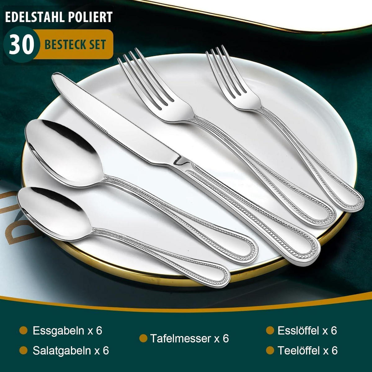 BESTECKSET 30-teilig für 6 Personen Edelstahl poliert Perlenrand Griff spülmaschinenfest - Silberfarben, Metall