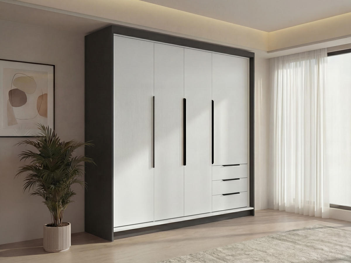 DREHTÜRENSCHRANK KLARI Graphit Weiß Schubladen 200 cm - Graphitfarben/Weiß, Holzwerkstoff (200/215/59.5cm) - A&J MöbelLand