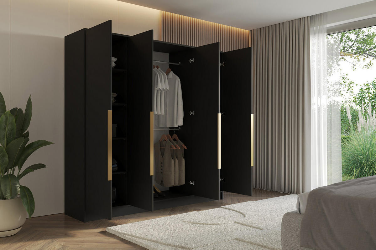 KLEIDERSCHRANK - PORTO - 200 - Schwarz - Goldfarben/Schwarz, Holzwerkstoff (200/200/51cm) - ALTDECOR