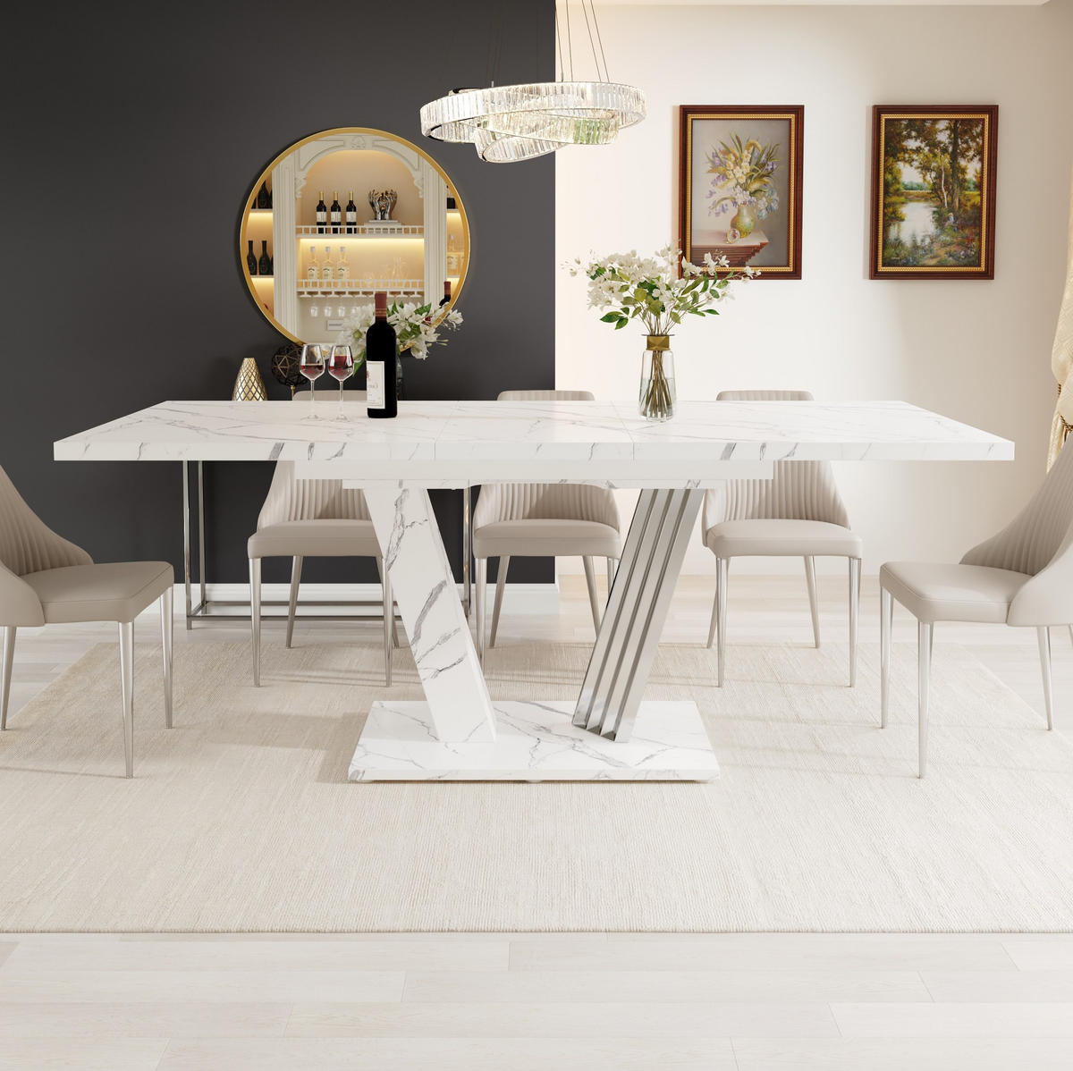 ESSTISCH 120/160/80/76 cm in Weiß mit Marmoroptik und Ausziehfunktion - Weiß, Holzwerkstoff (120/80/76cm) - Flora Grace
