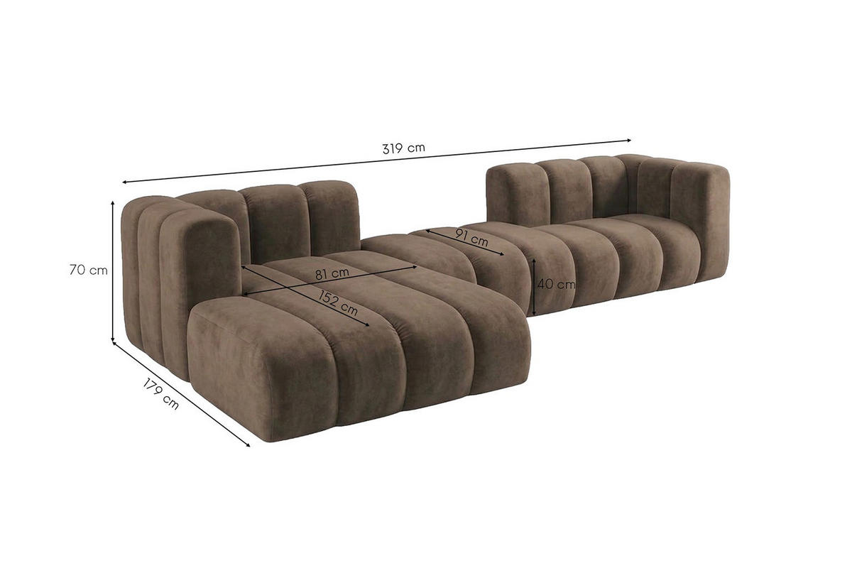 ECKSOFA Modulares In L-Form, Velvet-Stoff Riviera, Braun, Links, GRAND 319 cm - Braun, Holz (319/175cm) - Kaiser Möbel
