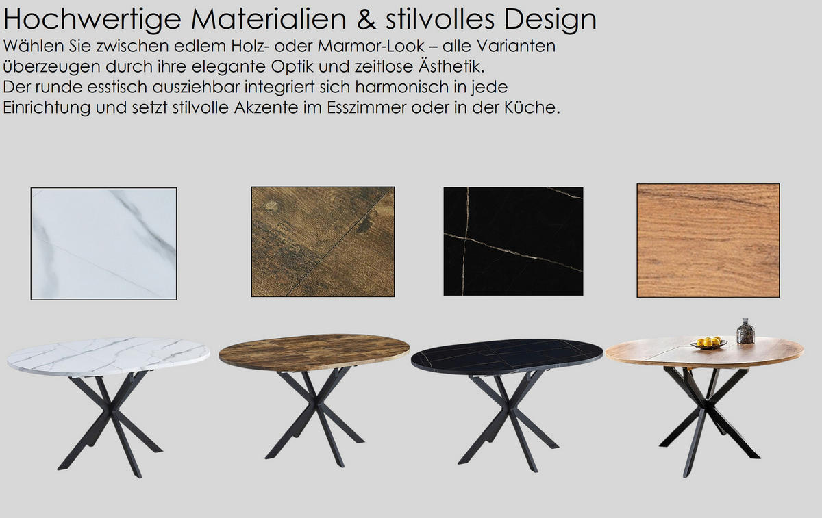 ESSTISCH Rund Marmor Weiß - Schwarz matt 100x75 cm - Schwarz/Weiß, Holzwerkstoff (100/100/75cm) - designimpex
