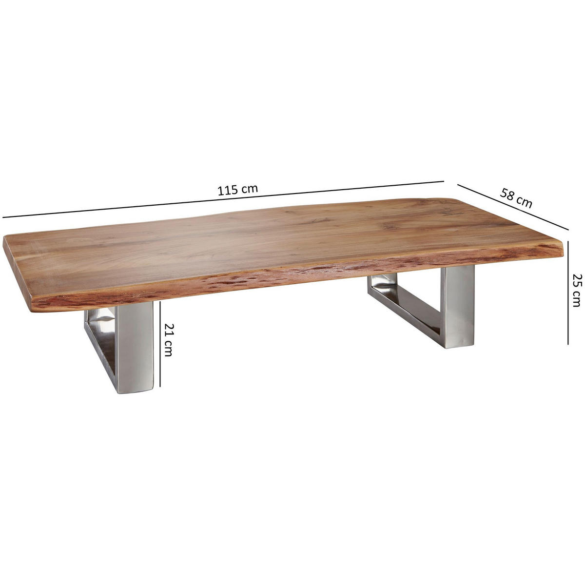 COUCHTISCH Akazienholz Massiv, Baumkanten Design, Landhausstil, Metallbeine Stabil - Beige/Silberfarben, Holz/Metall (58/115/25cm) - KADIMA DESIGN