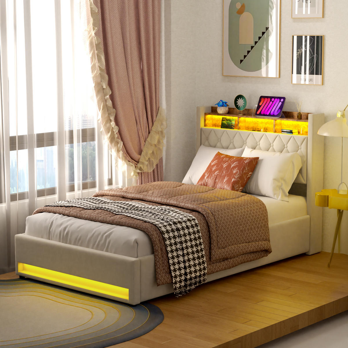 POLSTERBETT 140/200 cm Beige mit LED-Lichtleiste und USB-Anschlüssen - Beige, Holzwerkstoff (140/200cm) - OKWISH