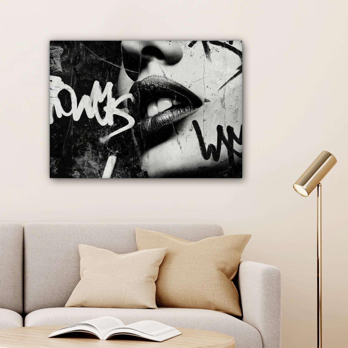 LEINWANDBILD Gesicht - Mund - Graffiti - Schwarz Wandbilder 80x60 cm - Schwarz, Textil (80/60cm) - MuchoWow