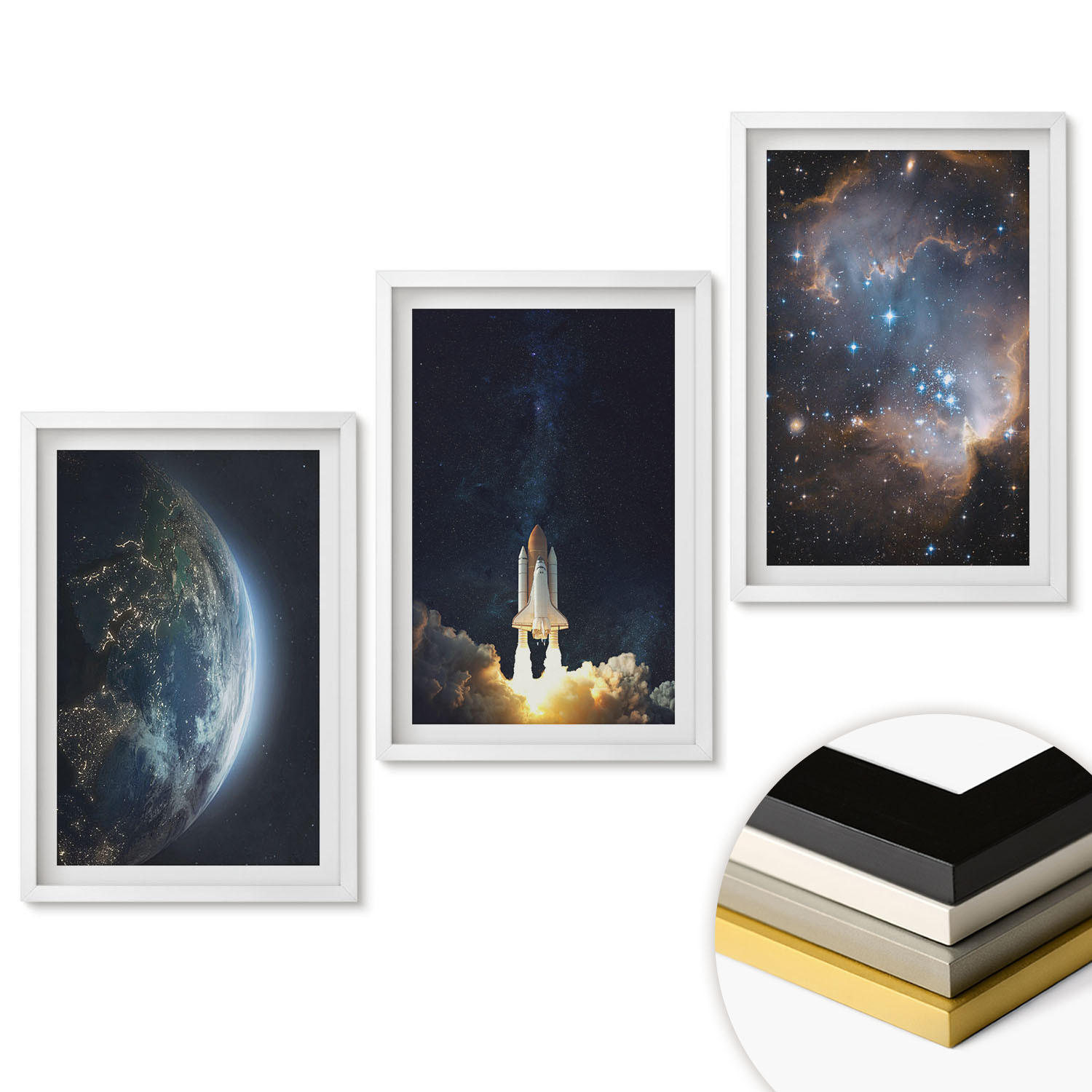 WANDBILDER 3er-Set - 40x60 cm Weißer Rahmen - Weltraum Erde Rakete Galaxie - Weiß, Kunststoff (40/60cm) - ArtPrintCave
