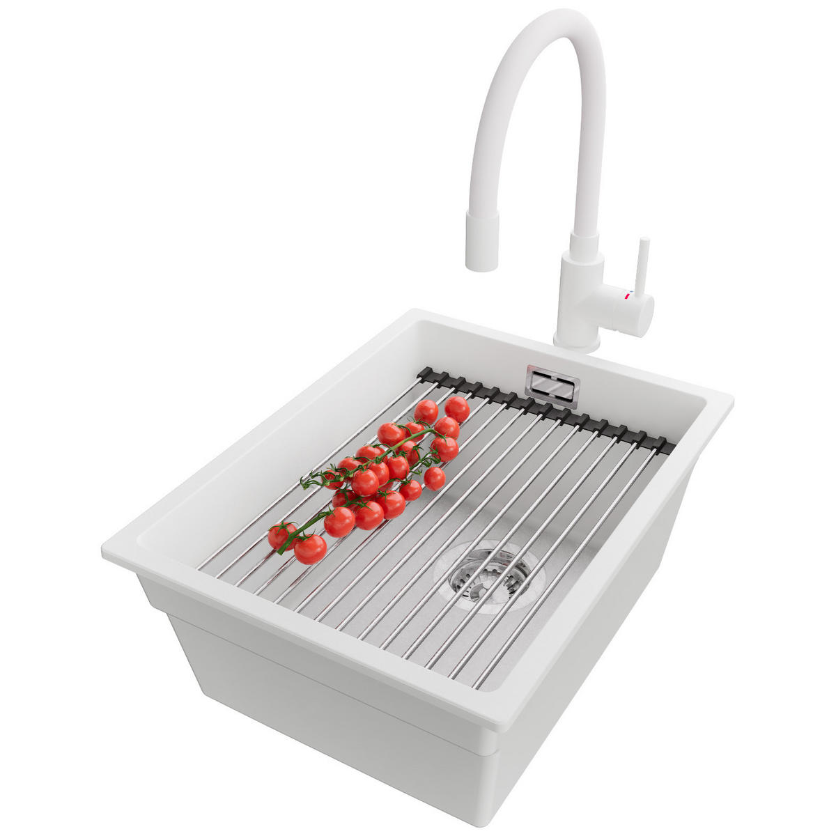 GRANITSPÜLE Praga Slim, 2-er set Weiß 36/47 cm 1 Becken + Küchenarmatur 38/14 cm + Ablauf-Set + Aufrollbare Abtropffläche ab 40er Unterschrank - Chromfarben/Weiß, Kunststoff (36/20/47cm) - Primagran