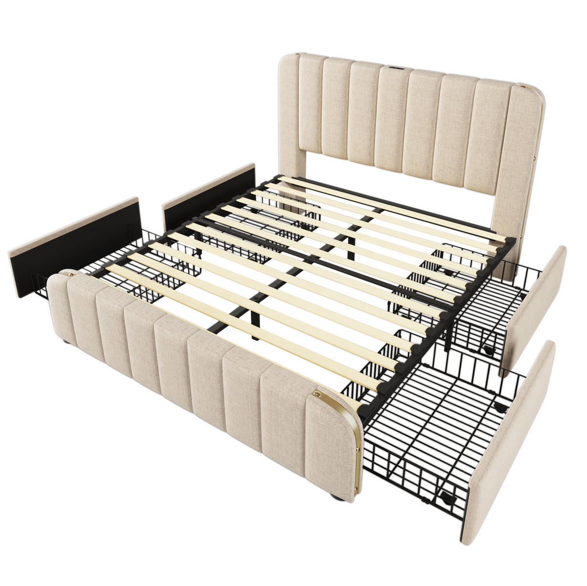 BETT mit 4 Schubladen und USB 140x200 cm Leinen Beige - Beige, Metall (140/200cm) - Meubliv