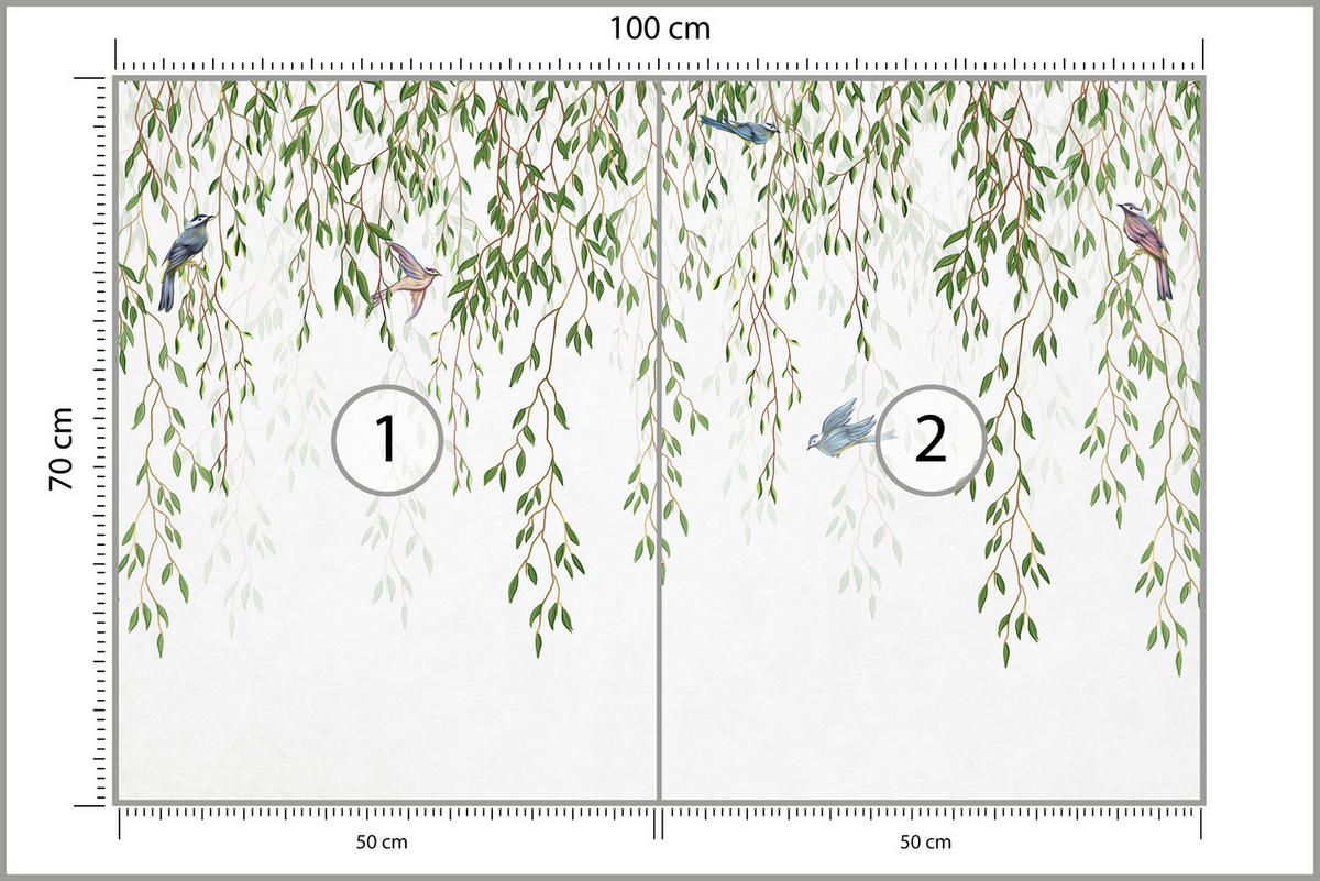 FOTOTAPETE für Schlafzimmer Trauerweide Äste Vögel Frühling Blätter 100x70 - Blau/Beige, Papier (100/70cm) - Muralo