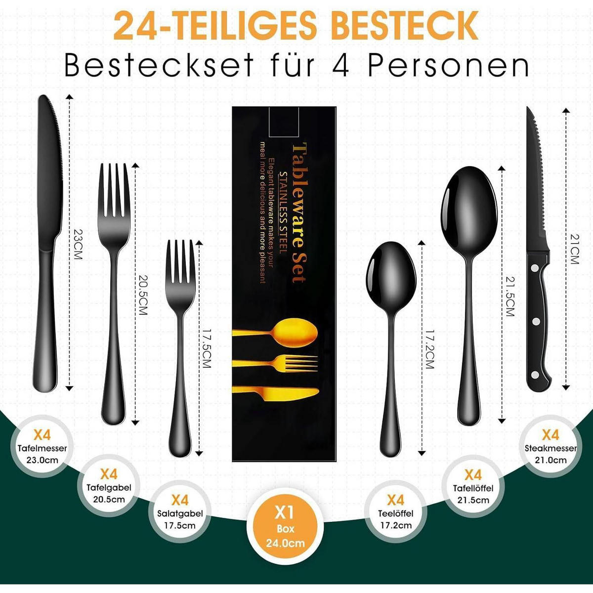 BESTECKSET 24-teilig Schwarz Edelstahl - Schwarz, Metall
