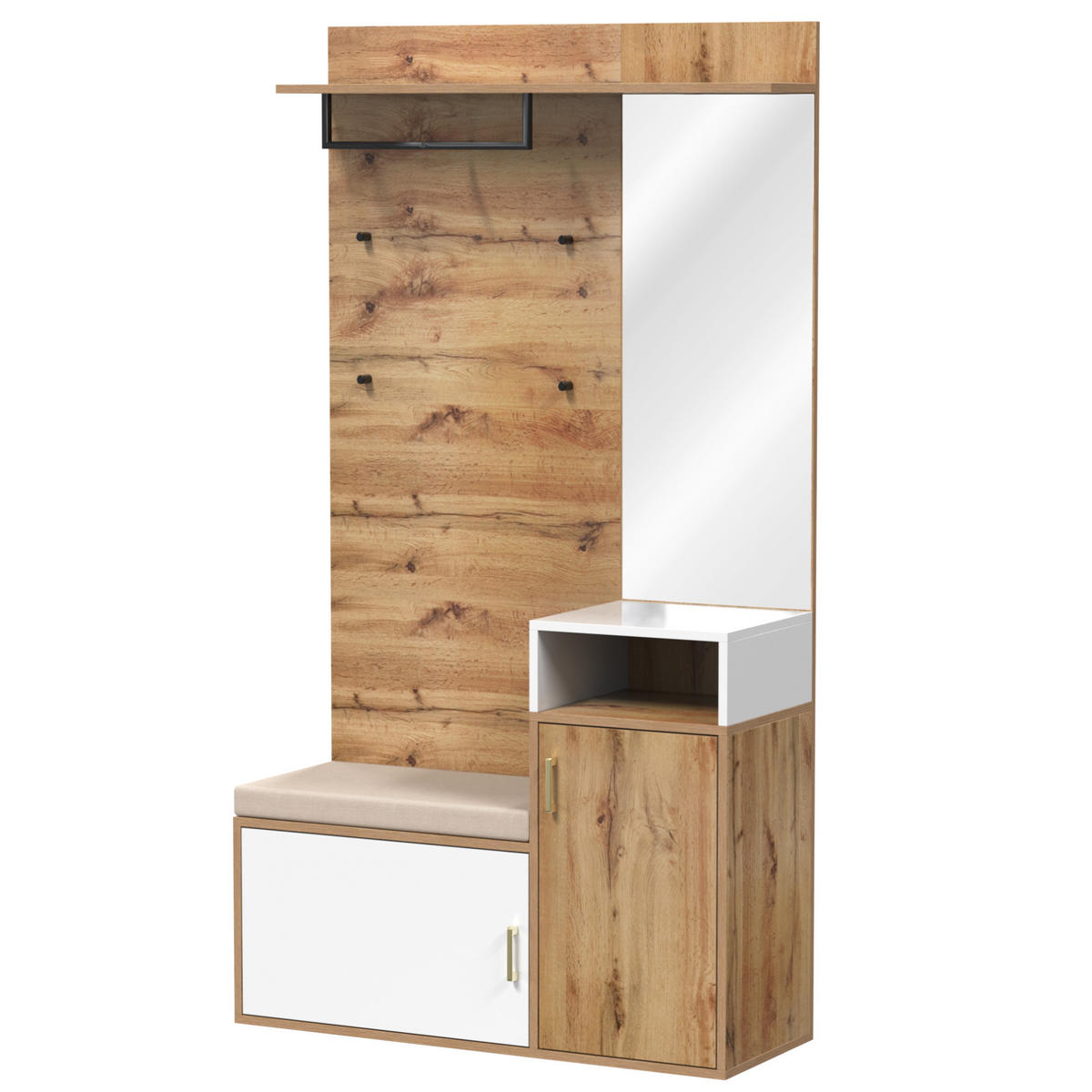 GARDEROBENSET 105/40/190,5 cm aus MDF und Spanplatte mit Spiegel und Sitzbank Weiß/Holzfarben - Weiß, Holzwerkstoff (105/190.5/40cm) - Modenvie